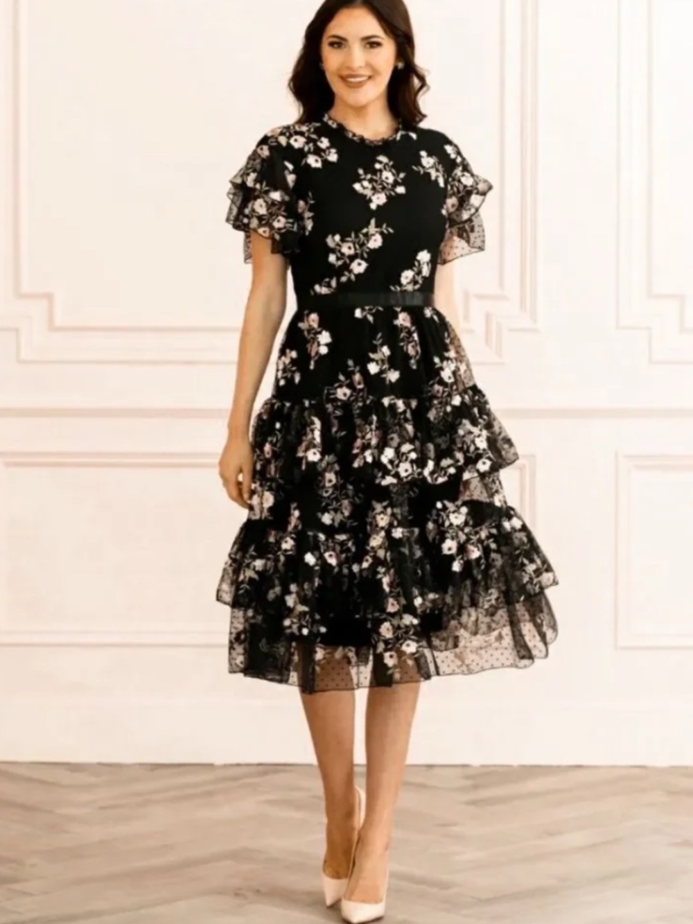Rachel Parcell Embroidered Floral Mesh Tiered Midi Dress Size Medium